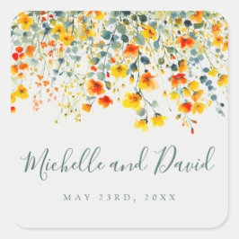 Adesivo Quadrado Casamento Floral de Aquarela de Verão Negrito