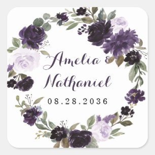 Adesivo Quadrado Casamento Floral de Folha Verde e Roxo Elegante e