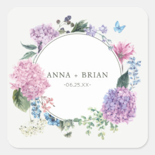 Adesivo Quadrado Casamento Floral de Hydrangea, pintado à Mão