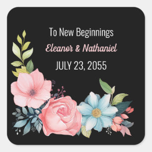 Adesivo Quadrado Casamento Floral de Linda Colorida Aquarela