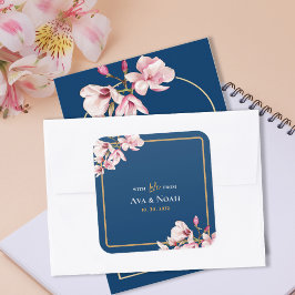 Adesivo Quadrado Casamento Floral de Magnólia Rosa Bege Naval Elega