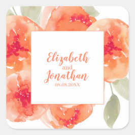 Adesivo Quadrado Casamento Floral de Pêonias de Aquarela Elegante
