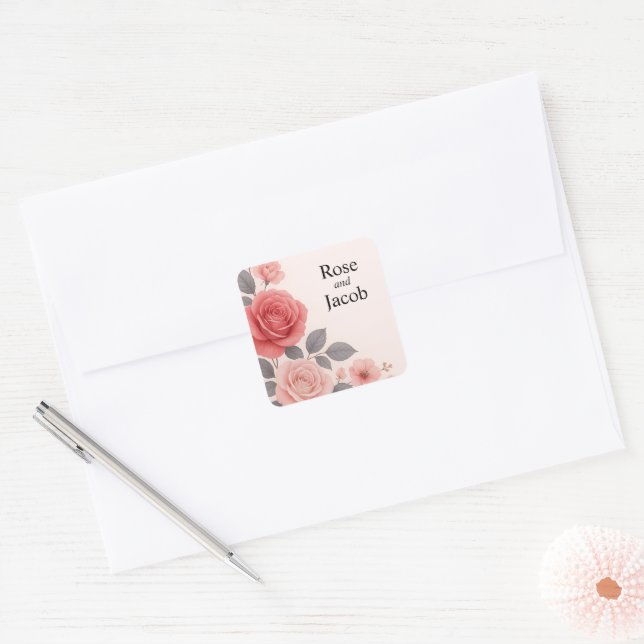 Adesivo Quadrado Casamento Floral de Rosa Blush (Envelope)