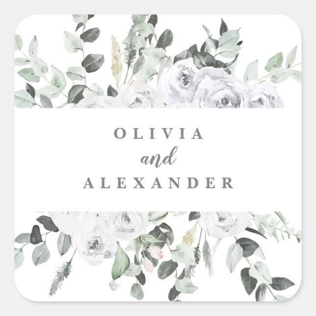 Adesivo Quadrado Casamento floral de Rosas Brancas e Greenery (Frente)