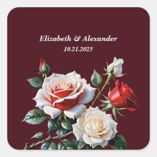 Adesivo Quadrado Casamento floral de rosas vermelhas brancas cor-de