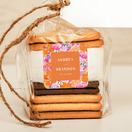 Adesivo Quadrado Casamento Floral de Verão Rosa e Laranja Brilhante