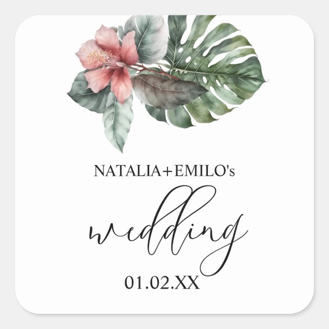 Adesivo Quadrado Casamento Floral de Watercolor Monstera Leaf (Frente)