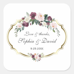 Adesivo Quadrado Casamento Floral Dourado Burgundy Blush