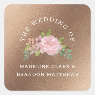 Adesivo Quadrado Casamento floral Dourado cor-de-rosa de fascínio