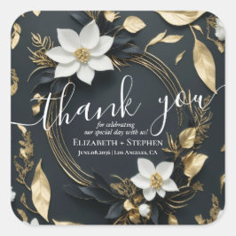 Adesivo Quadrado Casamento Floral Dourado e Branco Negro Obrigado