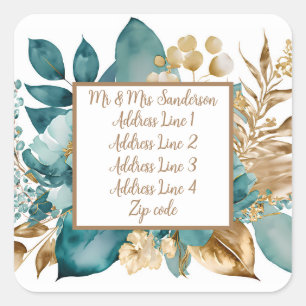 Adesivo Quadrado Casamento Floral Dourado e Teal
