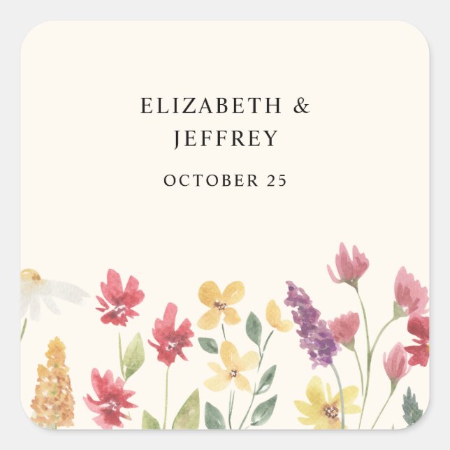 Adesivo Quadrado Casamento Floral Elegante Boho Summer Wildflower (Frente)