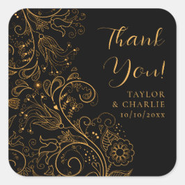 Adesivo Quadrado Casamento Floral Elegante Dourado e Negro Obrigado