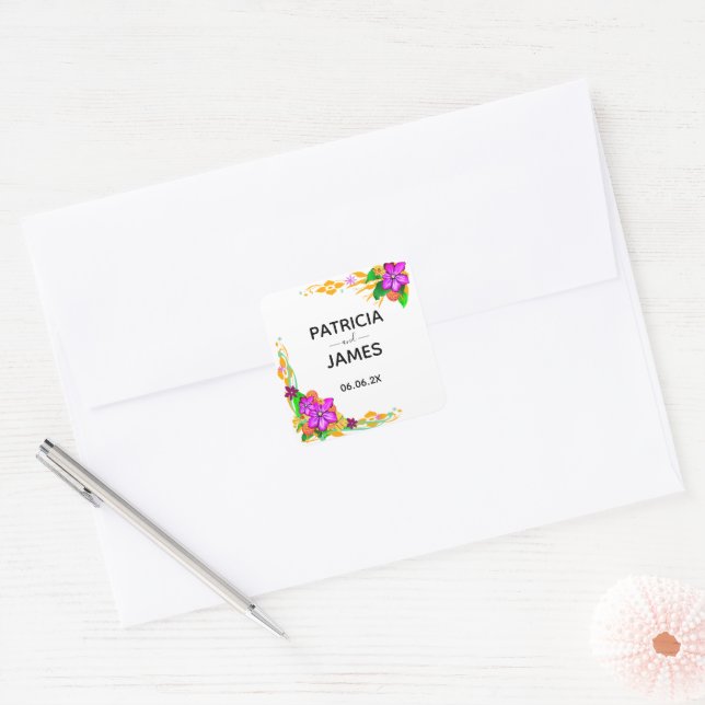 Adesivo Quadrado Casamento Floral Elegante, Mágico e Negrito (Envelope)