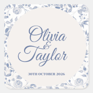 Adesivo Quadrado Casamento Floral em Aquarela Azul Desbotado