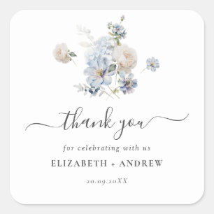 Adesivo Quadrado Casamento Floral em Aquarela Azul Poeirento Modern