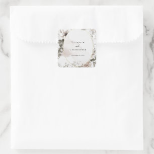 Adesivo Quadrado Casamento Floral em Aquarela Rosa Bege Cinza