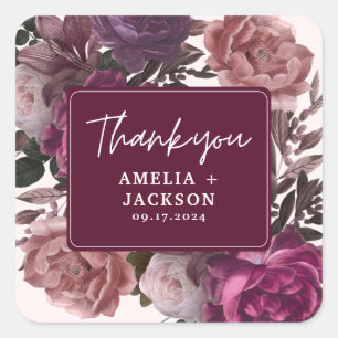 Adesivo Quadrado Casamento floral em burgundy e blush sombrio e tem
