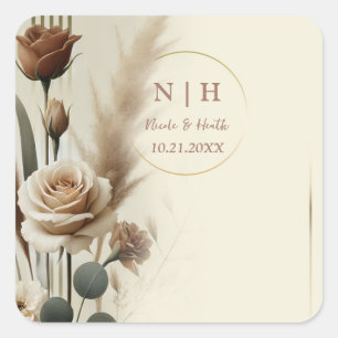 Adesivo Quadrado Casamento Floral Geométrico Neutro Creme e Mocha