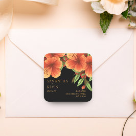 Adesivo Quadrado Casamento Floral Laranja Laranja Aquarela Obrigado