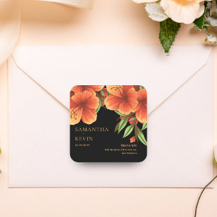 Adesivo Quadrado Casamento Floral Laranja Laranja Aquarela Obrigado