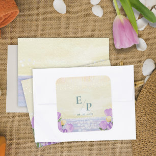 Adesivo Quadrado Casamento Floral Monograma de Praia em Aquarela