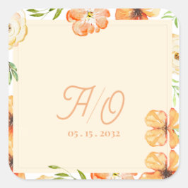 Adesivo Quadrado Casamento Floral Monograma Jardim de Pêssego Suave