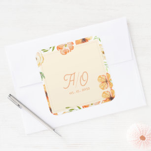 Adesivo Quadrado Casamento Floral Monograma Jardim de Pêssego Suave
