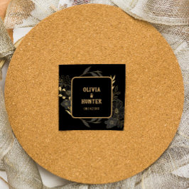 Adesivo Quadrado Casamento Floral Preto e Dourado Elegante