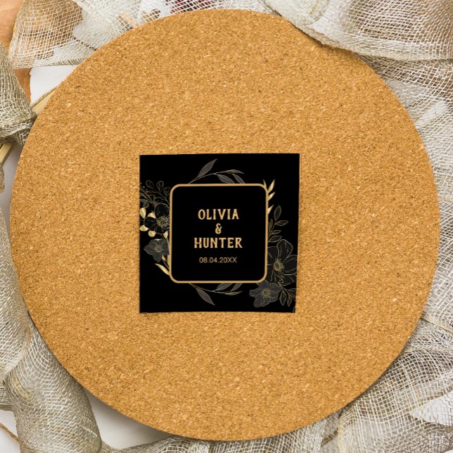 Adesivo Quadrado Casamento Floral Preto e Dourado Elegante (Criador carregado)