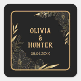 Adesivo Quadrado Casamento Floral Preto e Dourado Moderno 