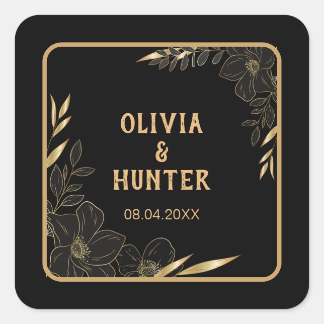 Adesivo Quadrado Casamento Floral Preto e Dourado Moderno  (Frente)