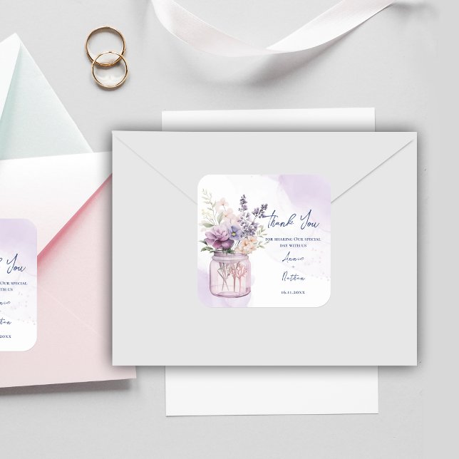 Adesivo Quadrado Casamento Floral Purple Watercolor Obrigado (Watercolor Purple Floral Wedding Thank You Square Sticker)