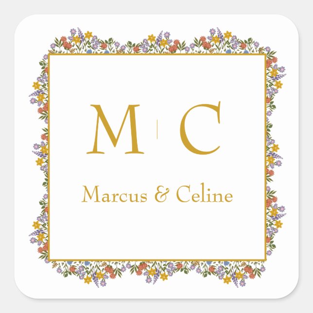 Adesivo Quadrado Casamento Floral Romântico por Aquarela (Frente)