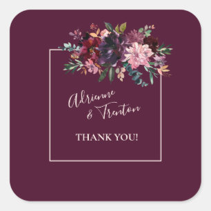 Adesivo Quadrado Casamento Floral Rosa & Burgundy Obrigado