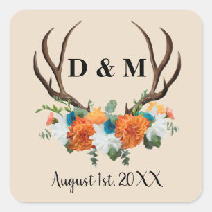 Adesivo Quadrado Casamento Floral Rustic Antler Salva a Data
