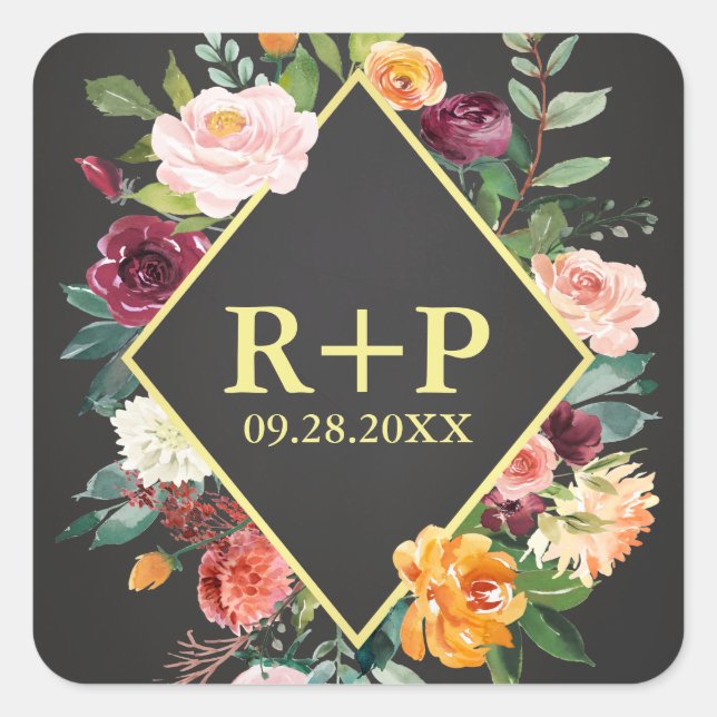 Adesivo Quadrado Casamento Floral Rustic Autumn Chalkboard (Frente)