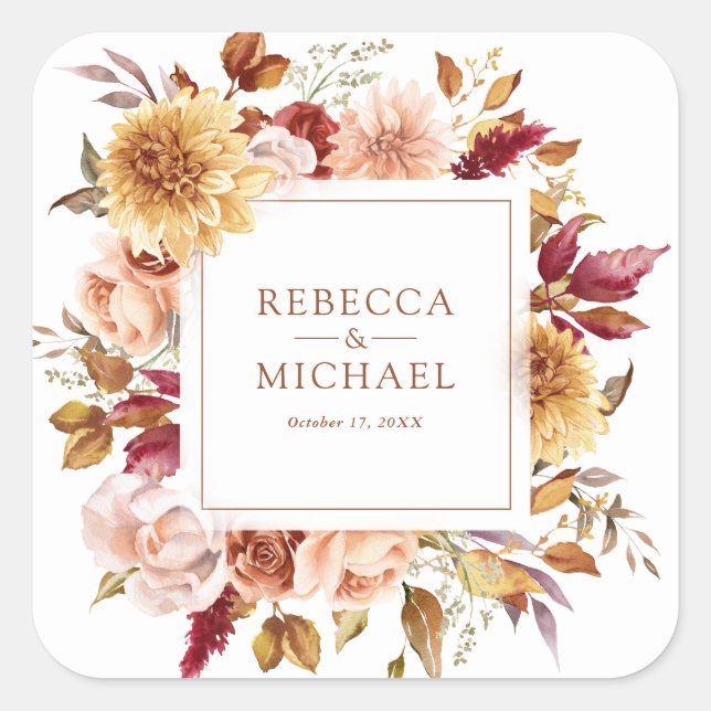 Adesivo Quadrado Casamento Floral Rustic Burgundy Terracotta (Frente)