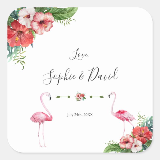 Adesivo Quadrado Casamento Floral Tropical Charm Luau Flamingo (Frente)