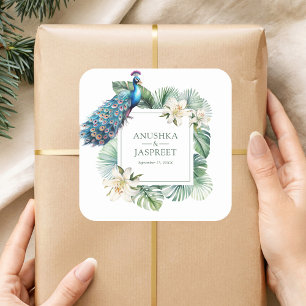 Adesivo Quadrado Casamento Floral Tropical Indiana Peacock
