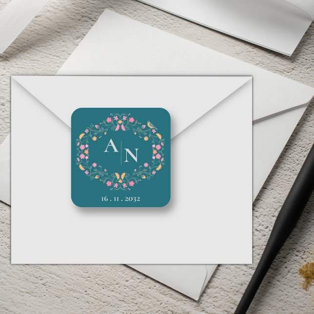 Adesivo Quadrado Casamento Floral Verde Colorido bonito Monograma (Pretty Monogram Cute Colorful Green Floral Wedding Square Sticker)