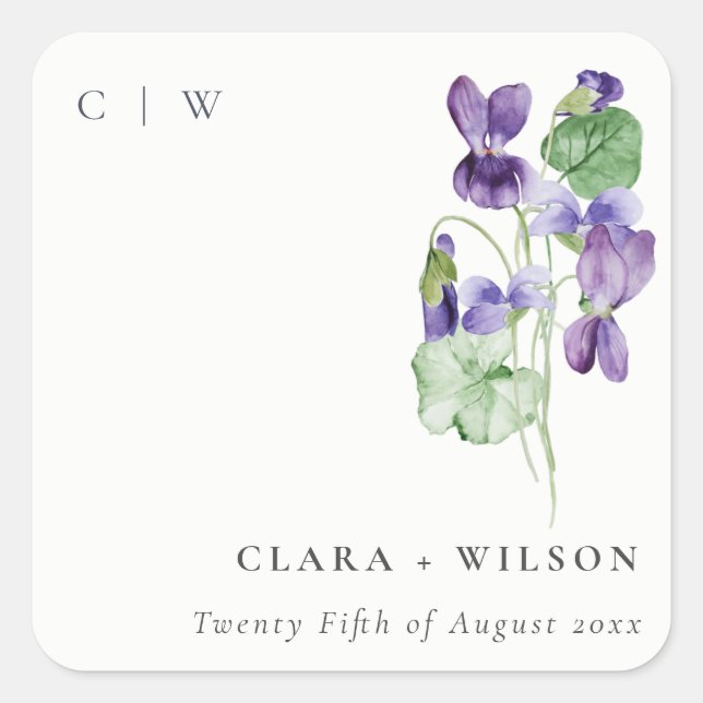 Adesivo Quadrado Casamento Floral Violet Violet Monograma bonito (Frente)