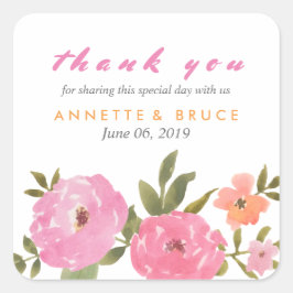 Adesivo Quadrado Casamento Floral Watercolor Obrigado