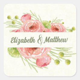 Adesivo Quadrado Casamento Floral Watercolor Obrigado