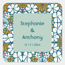 Adesivo Quadrado Casamento Flores Retro Groovy 70s Boho