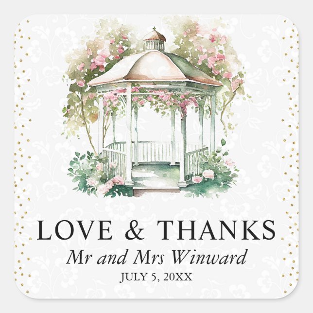 Adesivo Quadrado Casamento Gazebo de Jardim Primavera de Aquarela (Frente)