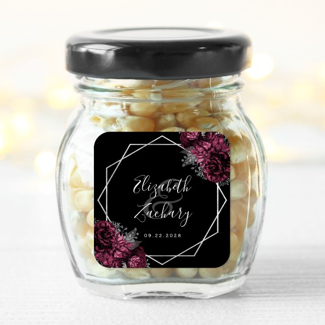 Adesivo Quadrado Casamento Geométrico de Prata Floral da Borgonha (Criador carregado)