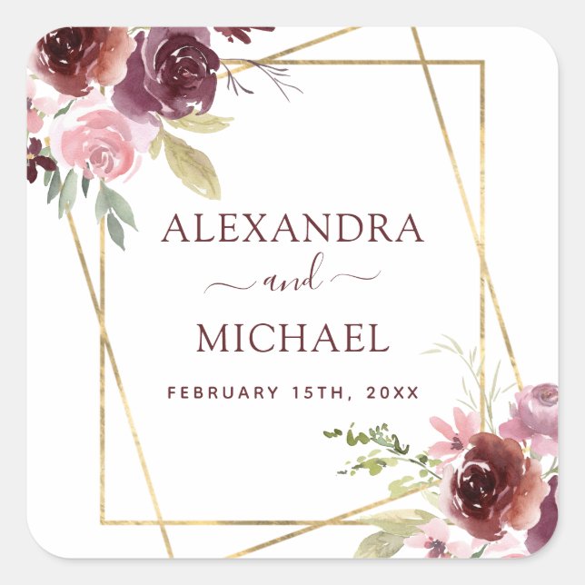 Adesivo Quadrado Casamento Geométrico Floral Burgundy Watercolor (Frente)
