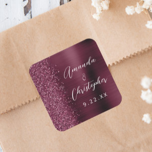 Adesivo Quadrado Casamento Grafia Glitter Metal Brusado Borgonha