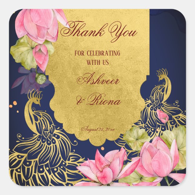 Adesivo Quadrado Casamento índio do lótus do pavão azul (Frente)